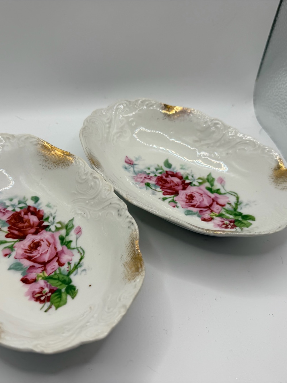 White Porcelain Rose Floral Trinket Dish with Gold Accents